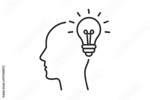 Head thinking with lightbulb. Person profile with new idea. Concept of innovation, solution, creativity, inspiration, knowledge. Thin line vector icon. Brainstorming symbol.