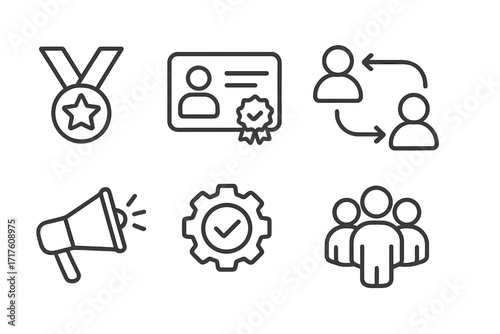 Essential UI line icon set for reward, membership, and referral programs. Vector icons for marketing, community, quality control, achievement, and teamwork. Outline pictogram.