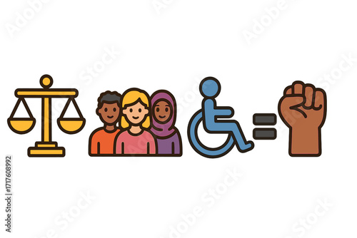 Vector icon set for social justice, diversity, and inclusion. Concept of equality, human rights with scales of justice, multiracial people, accessibility symbol, and raised fist.