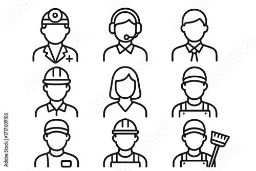 Professions icon set. People, worker, and employee avatars. Line icons of doctor, builder, manager, cleaner, operator. Editable stroke vector for web, apps, and design.