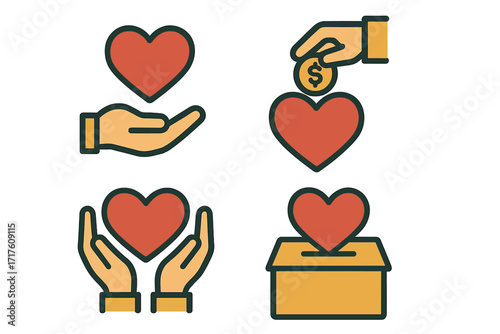 Charity and donation icon set. Vector of hand holding heart, giving money, and donation box. Concepts of love, care, support, help, philanthropy, fundraising. Flat design.