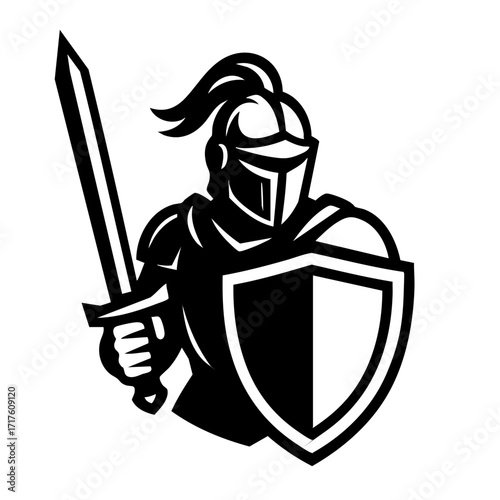 Monochrome emblem of a knight holding a sword and shield