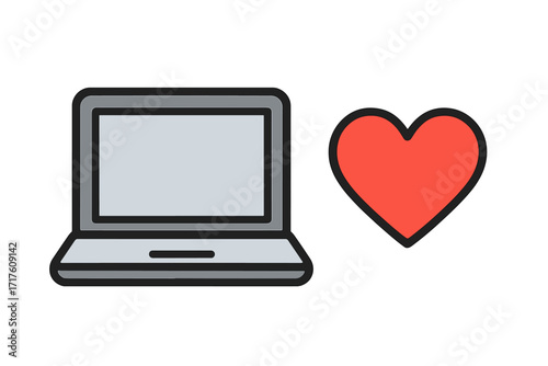 I love my job, online dating app, favorite website, customer review, like button for social media. Vector icon illustration of a laptop computer with a red heart symbol.