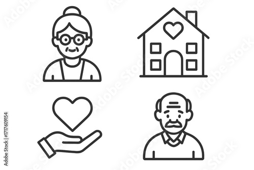 Senior care icons. Elderly people, grandparents, nursing home, charity. Vector line art pictogram set. Symbols for retirement home, family assistance, health, love, support.