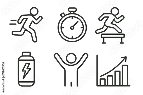 Linear fitness and sport icon set. Includes running athlete, stopwatch, hurdle jump, energy drink, winner, and progress graph. Vector symbols for training success.