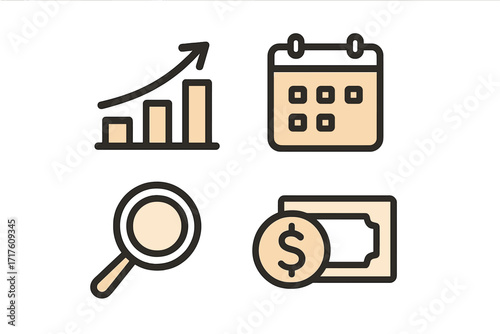 Business and finance line icon set. Vector collection with growth chart, calendar schedule, search analysis magnifying glass, and money symbol for infographics and web design.