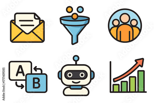 Marketing automation icon set for digital strategy. Email campaign, sales funnel, audience segmentation, AB split testing, chatbot AI bot, and ROI growth chart vector.