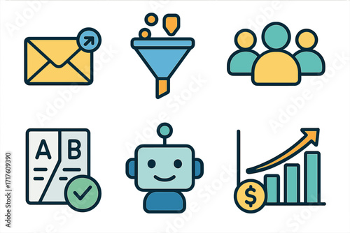 Marketing automation icon set for digital business strategy. Email campaign, sales funnel, audience segmentation, A/B split testing, chatbot bot, and ROI profit growth chart vector.