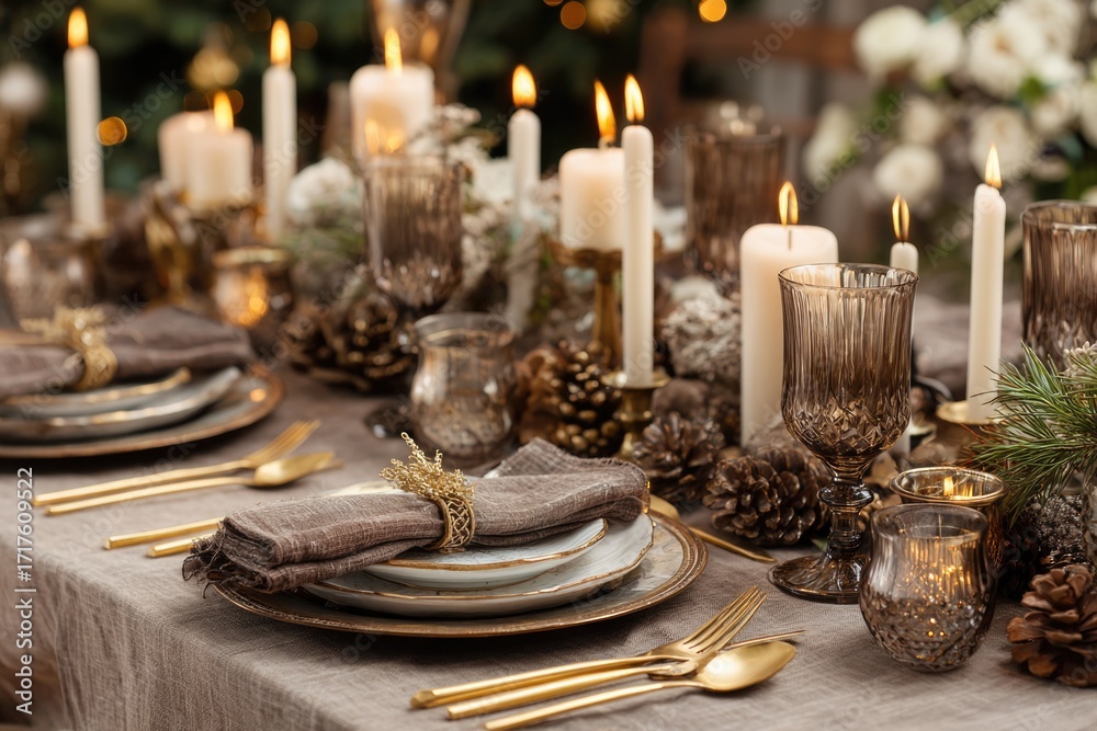 Naklejka premium elegant Christmas dinner table with mocha mousse toned linen, golden cutlery, and white candles, cozy luxury festive atmosphere