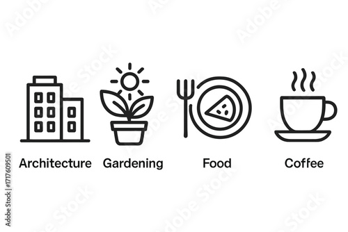 Vector icons for urban living essentials. Minimal line art set featuring architecture, city gardening, food, and coffee. Symbols for modern city lifestyle, hobbies, daily routine.