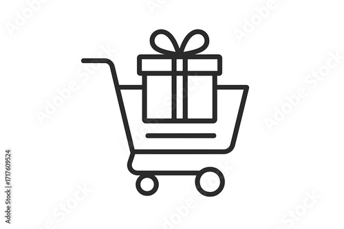 Shopping cart with gift box inside, thin line vector icon for ecommerce, online shopping, adding to cart, Christmas shopping concept, holiday gift delivery