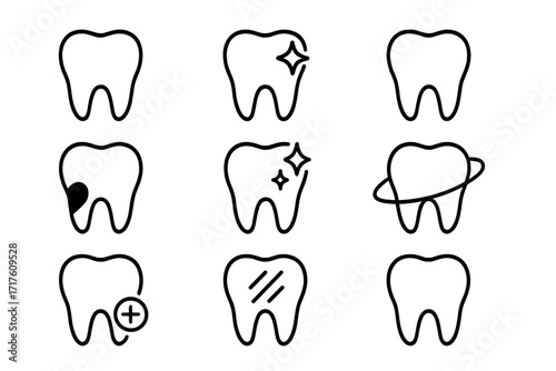 Tooth line icon collection. Dental care pictogram set. Healthy teeth, caries, decay, whitening, and treatment symbols. Dentist, stomatology, and oral hygiene vector signs.