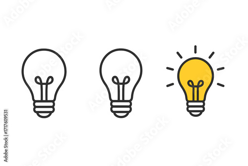 Light bulb icon set. Vector line art illustration for creativity, idea, solution, and innovation. Brainstorming and creative thinking symbol. Metaphor for success and inspiration.