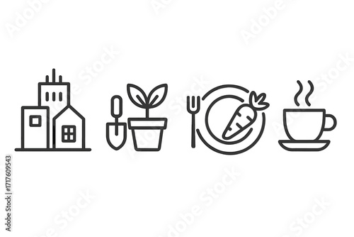 Urban living icon set. Minimal line art for city architecture, home gardening, healthy food and coffee break. Vector pictograms for modern city life. Symbol collection.
