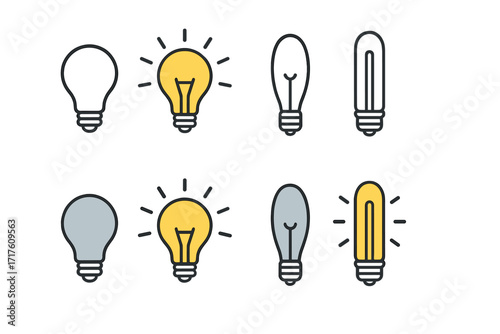 Set of different light bulb styles vector icons, outline and colorful filled designs, ideas and innovation symbols, on and off bulbs, brainstorming and solution concepts for creativity