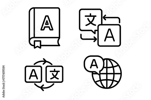 Language translation icon set. Dictionary book, global communication, foreign language learning, polyglot symbol. Bilingual exchange, vocabulary, grammar, interpreter service.