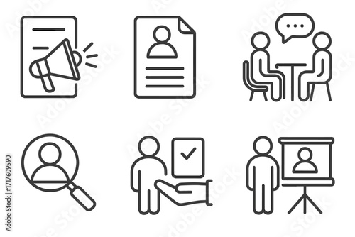 Recruitment process linear icons. Job posting, resume, interview, talent search, job offer, onboarding. Human resources management, hiring process, career vector symbols.