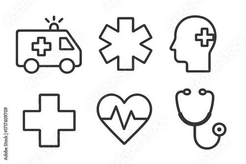 Medical icon set for emergency services and healthcare. Vector line art symbols including ambulance, stethoscope, first aid cross, heartbeat, and mental health icon. Minimalist design.