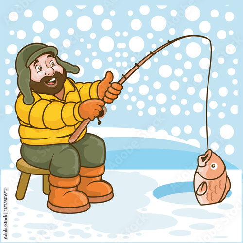 Ice Fishing Man in Winter Season