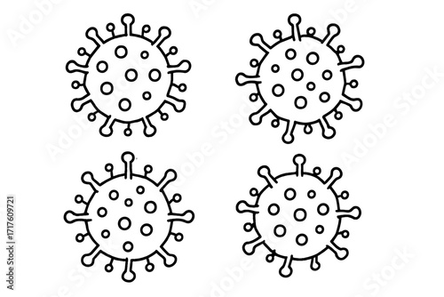 Coronavirus covid-19 virus icon set. Microscopic corona virus microbe cell concept. Vector thin line graphic style illustration. Pandemic disease infection symbol sign.