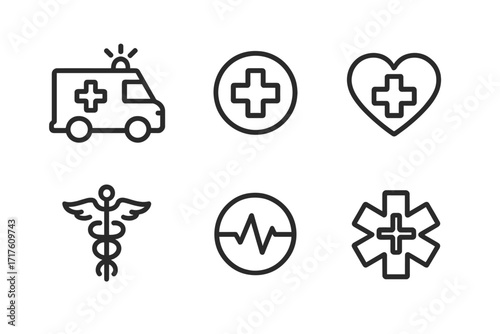 Medical icon set for emergency and healthcare. Vector line symbols of ambulance, first aid cross, heart, caduceus, EKG heartbeat and star of life for hospital or clinic.