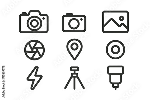 Photography line icon set. Vector camera, lens, flash, tripod, aperture symbols. Minimalist photo equipment pictograms for website UI, app interface, and modern design.