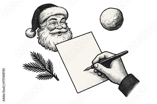 Vintage Christmas collage of hand writing a letter to Santa Claus. Retro halftone photocopy style illustration with wishlist, snowball, and pine branch for holiday poster or banner.
