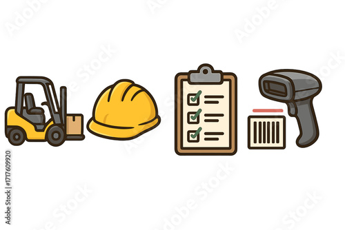 Warehouse management icon set with forklift, safety hard hat, checklist with check marks, barcode scanner vector cartoon illustration, transparent background, logistics and inventory control tools