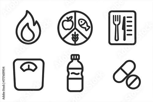 Nutrition icon set for health and diet. Vector line art of calorie, macro, meal plan, scale, water, pills. Concepts for fitness, weight loss, healthy eating, supplements.