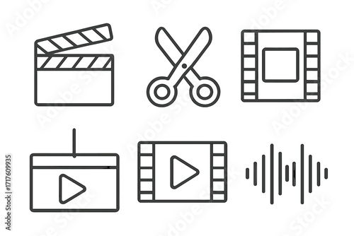 Video editing icon set. Linear icons for filmmaking, movie production. Vector symbols for post production, multimedia. Clapperboard, cut, film strip, play button, audio wave.