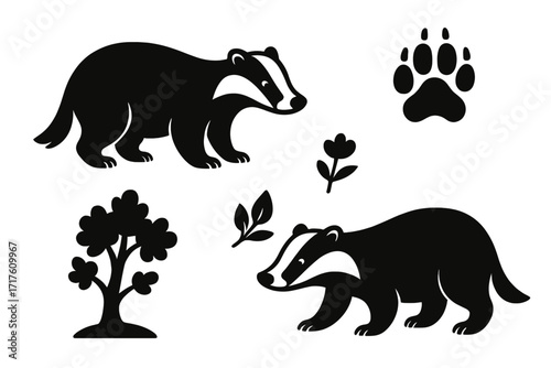Wildlife icons badger silhouette set with nature elements and footprint, vector cartoon illustration with transparent background, forest animal, woodland wildlife, nature symbols collection