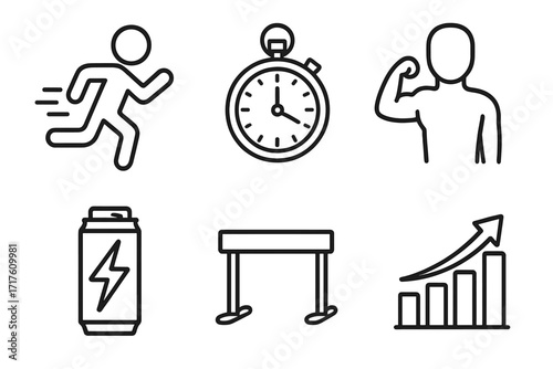 Fitness and sport icon set. Line art vector icons for training, workout, and success. Includes running, strength, speed, energy drink, hurdle, and progress chart symbols.