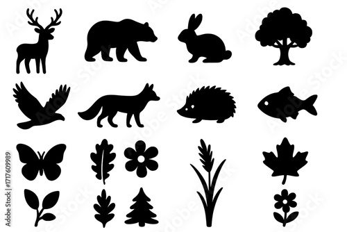 Nature icons set with wildlife silhouettes and plant symbols, vector illustration of forest animals and flora, butterflies, leaves, trees, fish, rabbit, bear, fox, hedgehog, and bird shapes