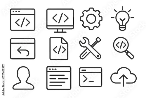Software development linear icons set. Minimalist outline pictograms for programming, coding, web design. Vector symbols for UI, UX, app interface, cloud, tools, settings, user.