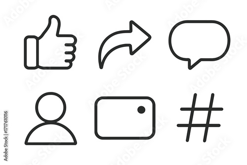 Social media icon set for UI UX design. Minimalist line art symbols for engagement: like, share, comment, profile, live stream, and hashtag. Vector illustration for web & app.