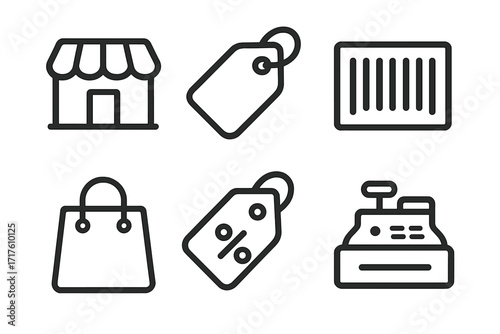 Minimalist shopping icons collection. Retail and commerce line art symbols. Vector set with storefront, price tag, barcode, cash register, bag, and discount sale percent tag.