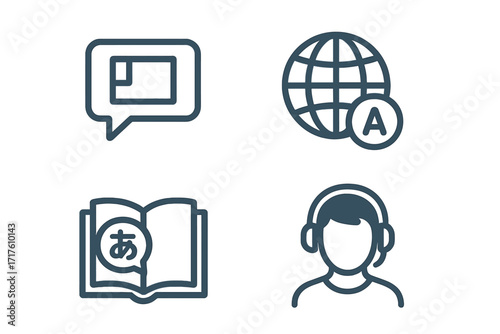 Language icons set for translation and learning. Globe, dictionary, interpreter and communication symbols. Multilingual support, global business and education vector pictograms.