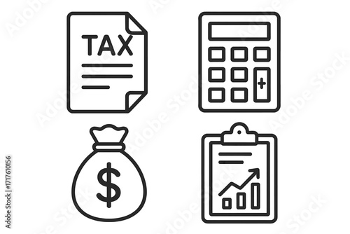 Minimalist tax icons set finance and accounting essentials monochrome style vector illustration transparent background money bag calculator document report graphs professional design