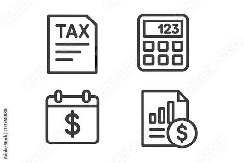 Minimalist financial icons set with tax document, calculator, payment calendar, and financial report symbols, monochrome vector illustration for accounting and business concepts