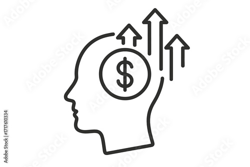 Profile head silhouette with dollar money symbol and upward arrows, vector thin line concept for income growth, revenue increase, business finance, investment success, profit expansion