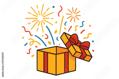 Prize box with fireworks and confetti bursting out, giveaway and enter to win celebration concept, festive promotion vector illustration for marketing and social media campaigns