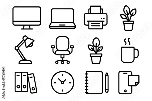Modern office essentials line icons set with computer, laptop, printer, plants, desk lamp, chair, coffee mug, clock, folders, notebook, pen, and smartphone for workspace design vector illustration