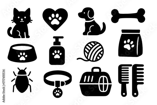 Pet care icons set silhouette style with cat dog bone collar comb food bowl shampoo flea ball toy carrier bag paw print design for animal lovers and pet supplies vector