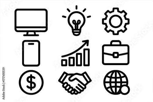 Simple black icons set of technology and business concepts, minimalist vector illustration on white background, digital devices, innovation, finance, growth, handshake, globalization symbols