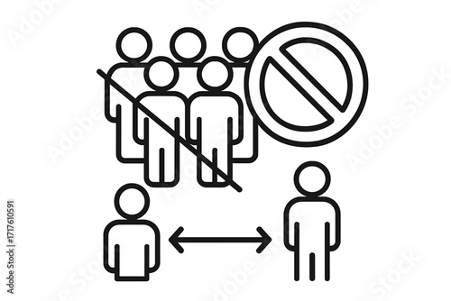 Social distancing icon vector, thin line illustration forbidding crowds in public places, COVID-19 pandemic prevention, coronavirus safety measures, person spacing symbol