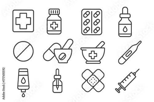 Minimalist Pharmacy and Medicine Icons Set with Transparent Background, Vector Linear Design, Medical Symbols, Pills, Syringe, Dropper, Thermometer, Bandages, Mortar and Pestle Symbols