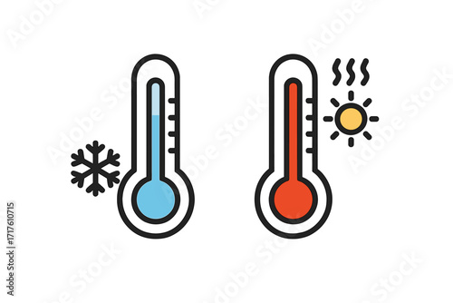 Thermometer icon vector illustration with filled outline showing cold and warm temperatures, weather concept, healthcare symbol, flu virus temperature measurement, medical vector art