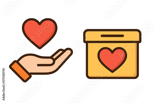 Shiny heart icon with hand and donation box, flat style vector cartoon illustration, love symbol, charity, generosity, healthcare concept, transparent background