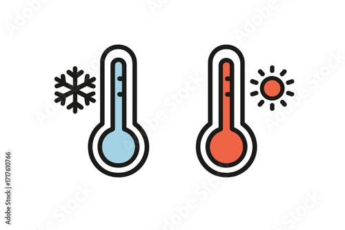 Thermometer filled outline vector icon illustration with cold and warm symbols, health and weather concept, viral infection, flu temperature measure, healthcare and climate indicator graphic