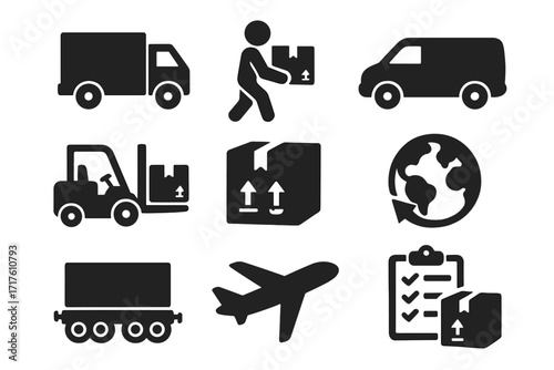 Shipping and delivery icon set with black silhouette style, logistics vehicles, forklift, airplane, cargo truck, package handling, global shipping concept, transport and freight symbols vector